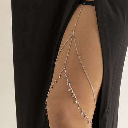 Nylon and Silver-Plated Star Layered Leg Chain, silver pendant necklace for women, elegant gift for her, side view