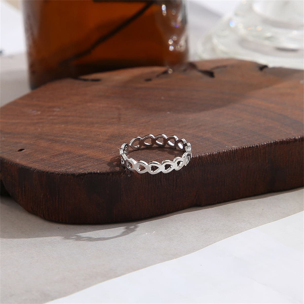Silver-Plated Heart Link Band, silver statement rings for women, botanical inspired, detail close-up