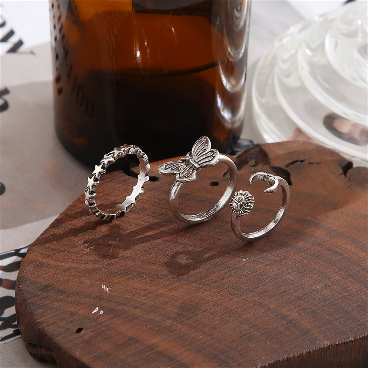 Silver-Plated Celestial Bypass Ring Set, jewelry gift sets for women, dainty minimalist design, detail close-up