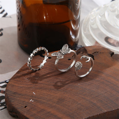 Silver-Plated Celestial Bypass Ring Set, jewelry gift sets for women, dainty minimalist design, detail close-up
