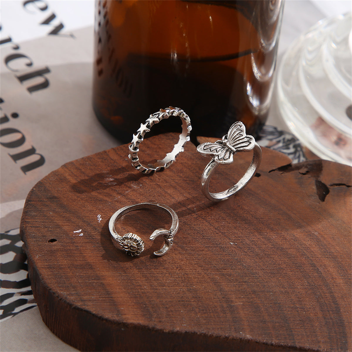 Silver-Plated Celestial Bypass Ring Set, jewelry gift sets for women, dainty minimalist design, lifestyle look