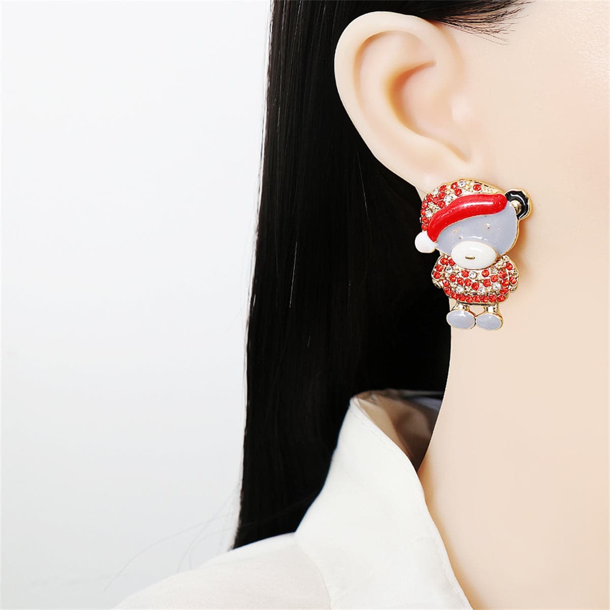 Cubic Zirconia & Enamel 18K Gold-Plated Santa Hat Bear Stud Earrings