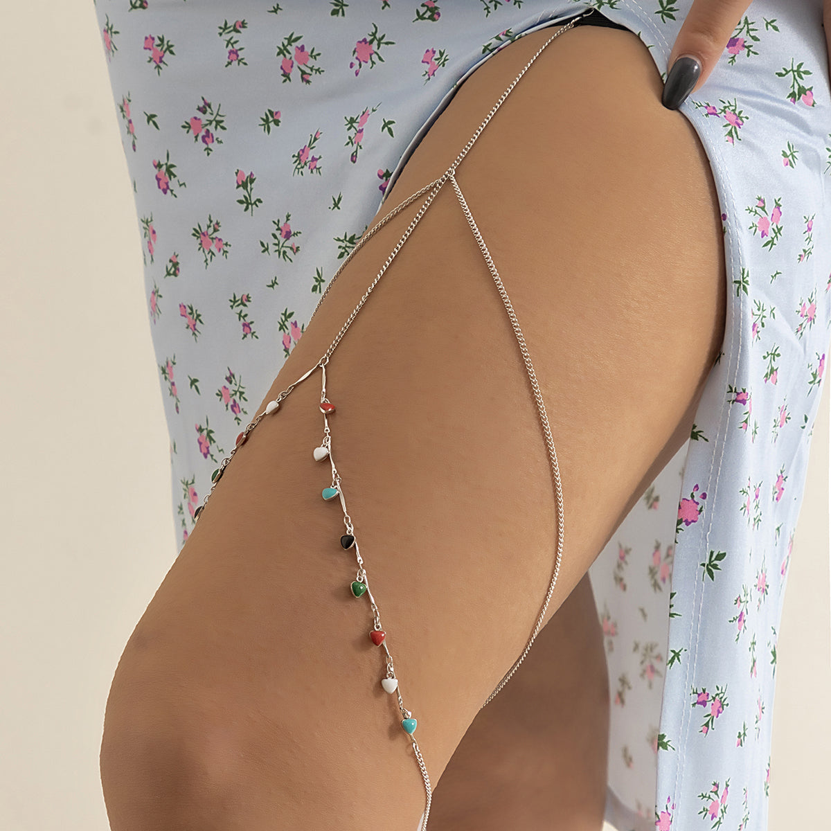 Green and Red Enamel Silver-Plated Heart Layered Leg Chain, silver pendant necklace for women, detail close-up