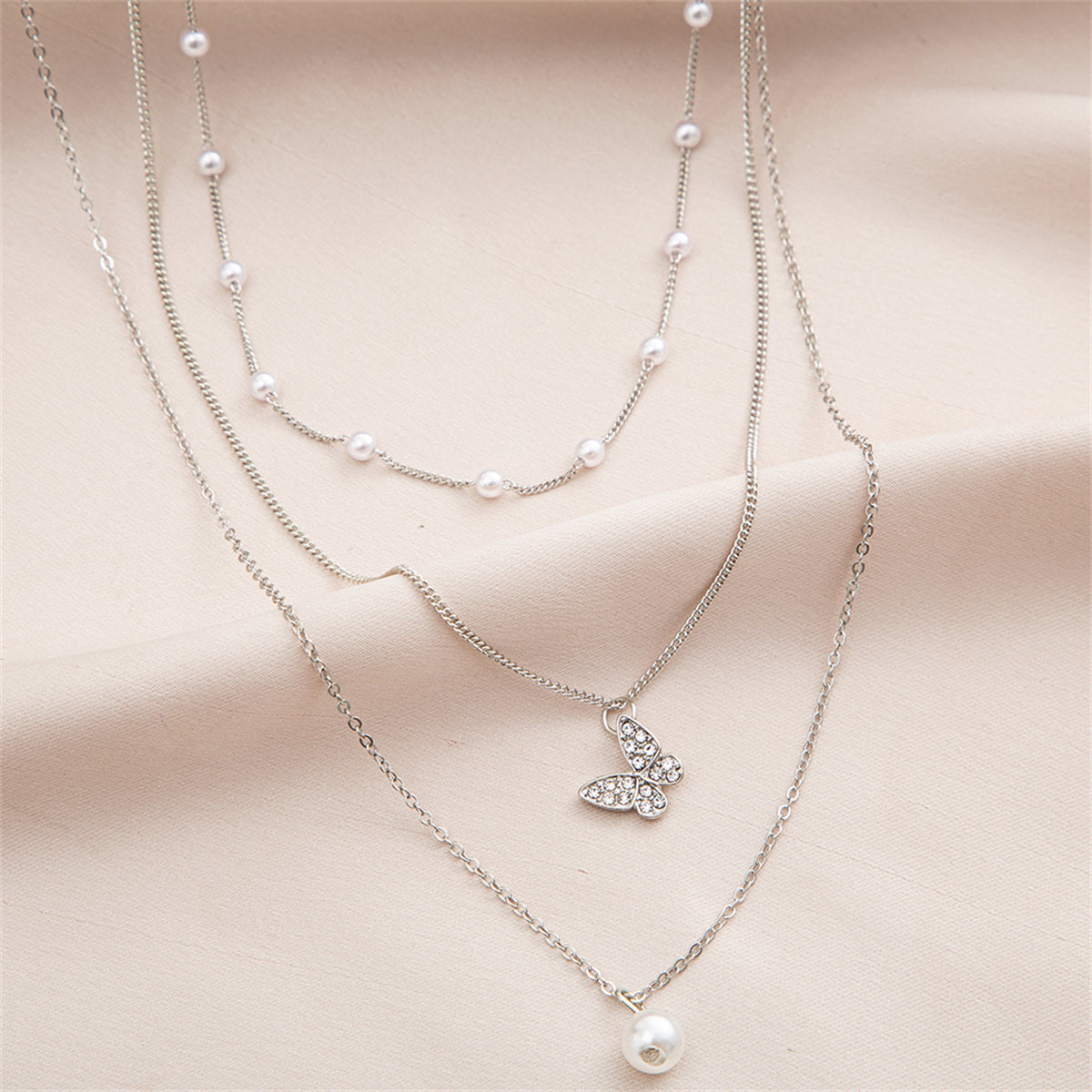 Cubic Zirconia and Pearl Silver-Plated Butterfly Necklace Set, jewelry gift sets for women, elegant gift for her, styled look