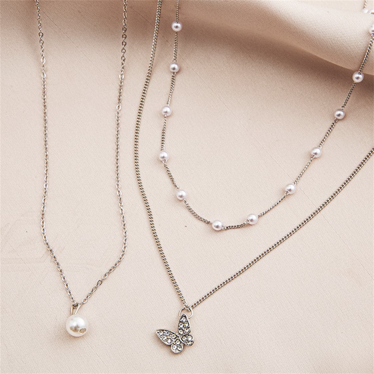 Cubic Zirconia and Pearl Silver-Plated Butterfly Necklace Set, jewelry gift sets for women, elegant gift for her, front view