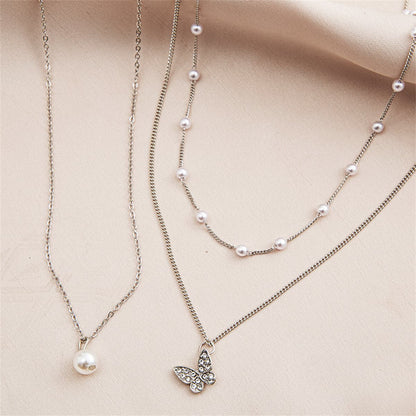 Cubic Zirconia and Pearl Silver-Plated Butterfly Necklace Set, jewelry gift sets for women, elegant gift for her, front view