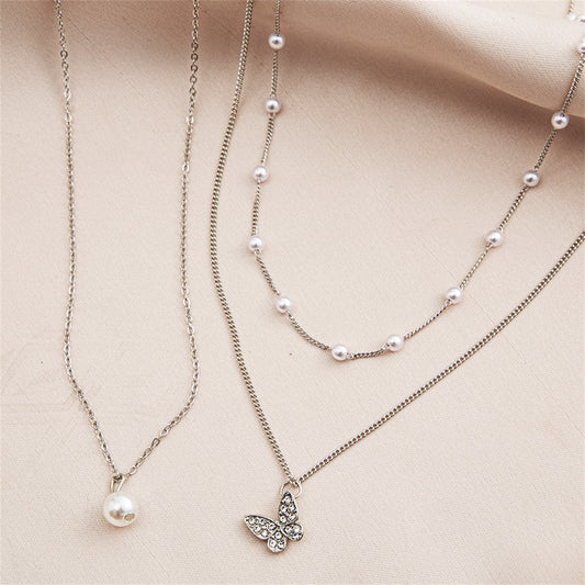 Cubic Zirconia and Pearl Silver-Plated Butterfly Necklace Set, jewelry gift sets for women, elegant gift for her, front view