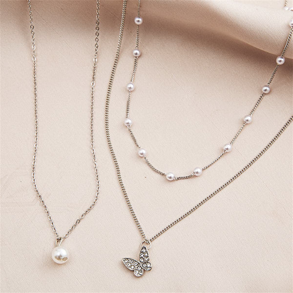 Cubic Zirconia & Pearl Butterfly Necklace Set