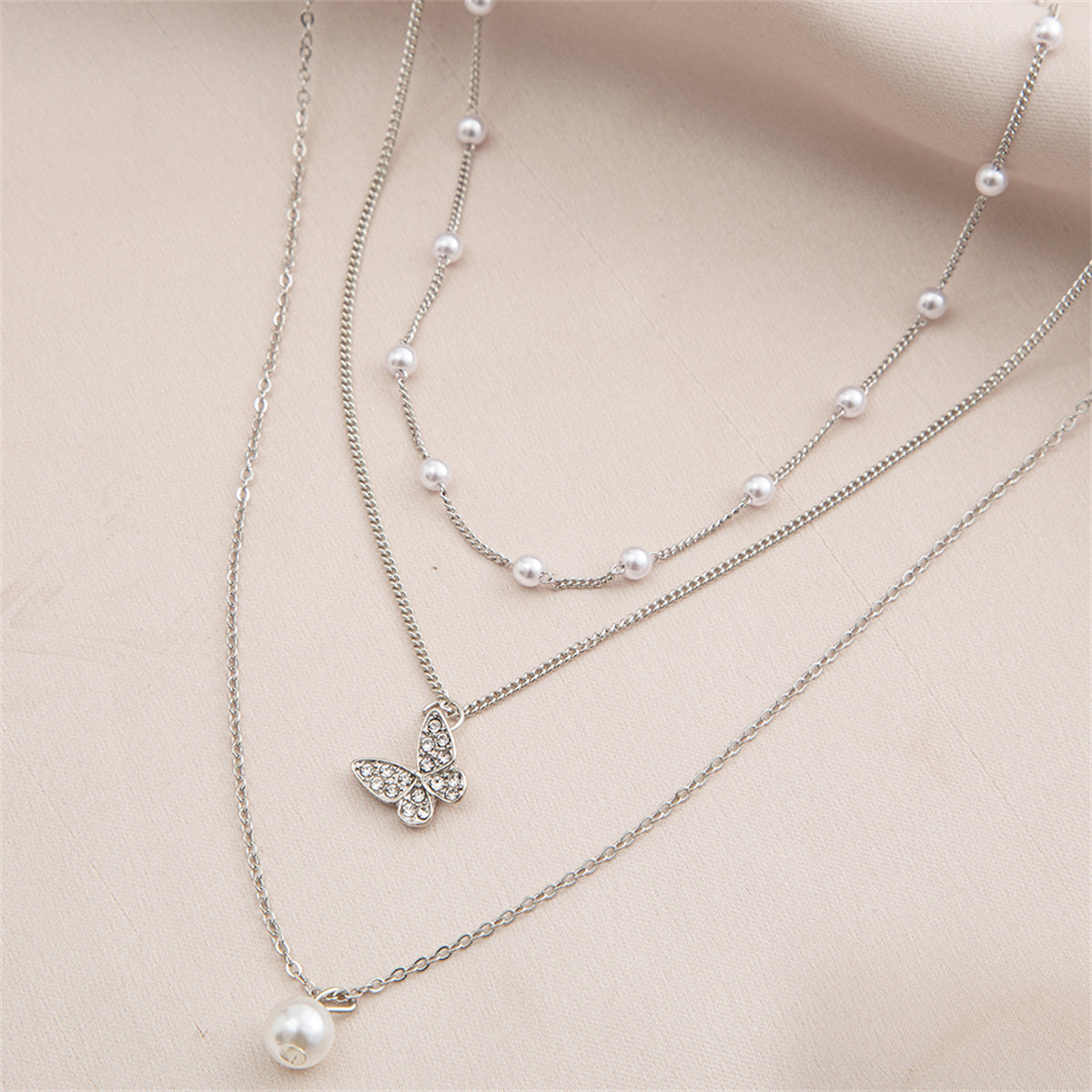 Cubic Zirconia and Pearl Silver-Plated Butterfly Necklace Set, jewelry gift sets for women, elegant gift for her, side view