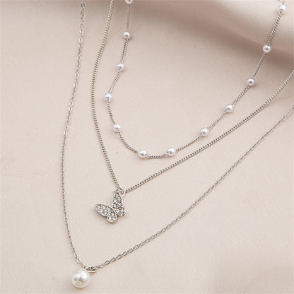 Cubic Zirconia and Pearl Silver-Plated Butterfly Necklace Set, jewelry gift sets for women, elegant gift for her, side view