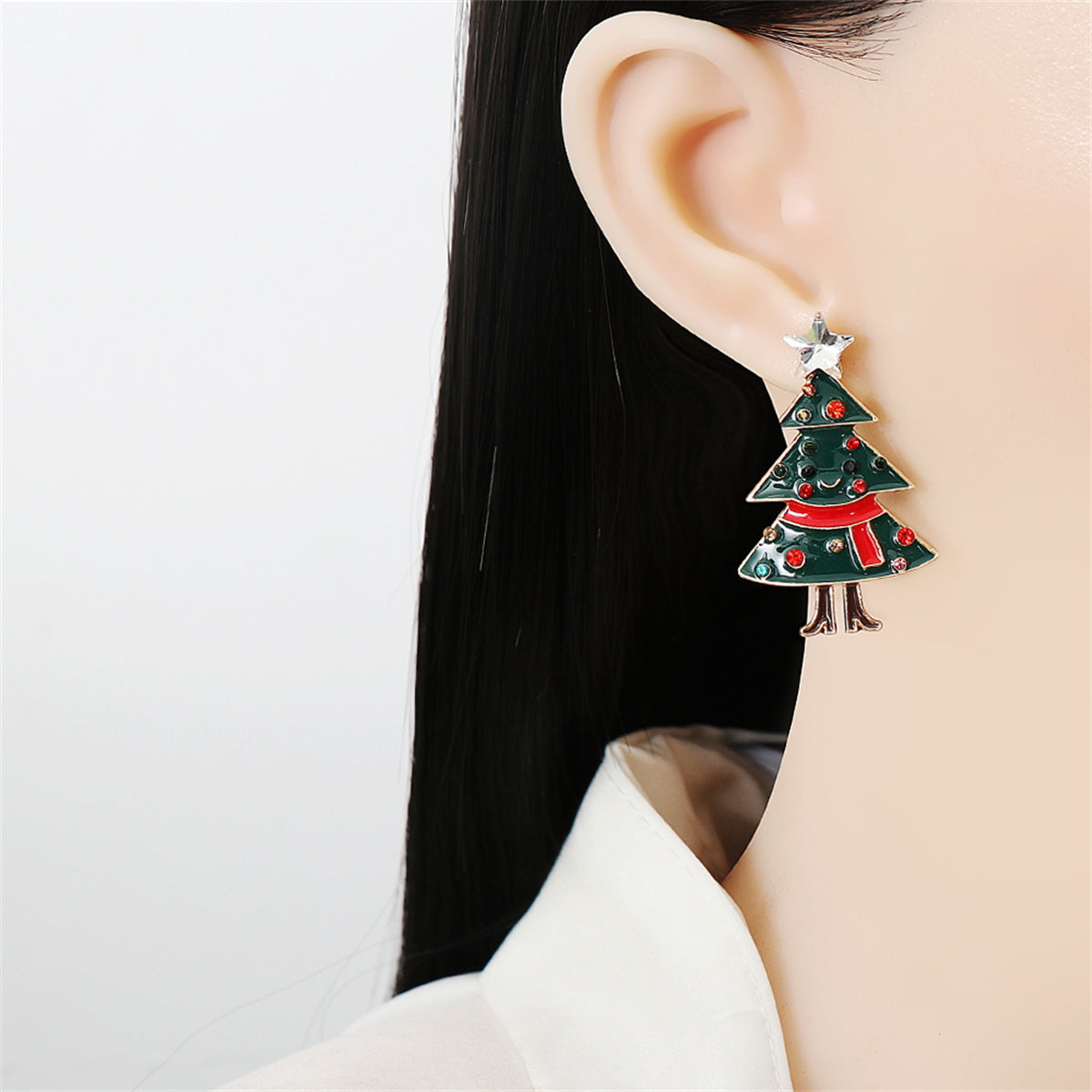 Crystal & Cubic Zirconia Enamel 18K Gold-Plated Scarf Tree Stud Earrings