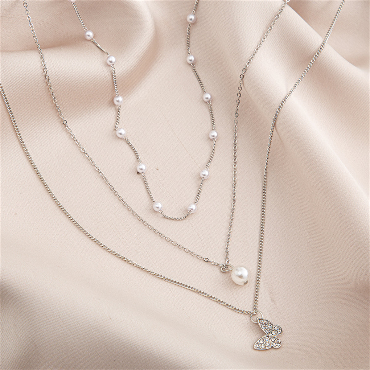 Cubic Zirconia and Pearl Silver-Plated Butterfly Necklace Set, jewelry gift sets for women, detail close-up