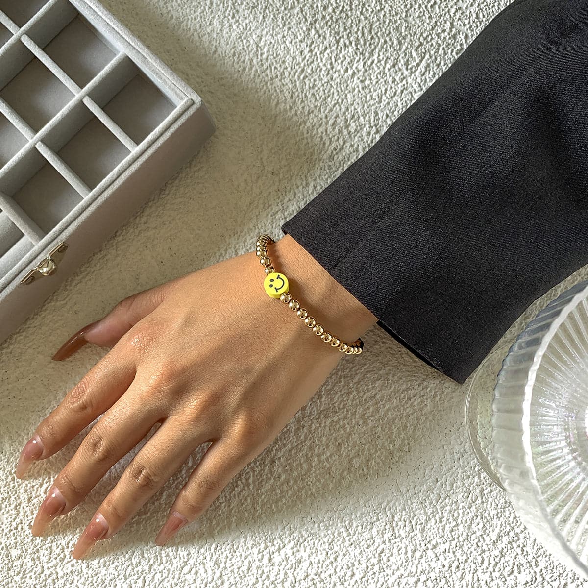 Acrylic and 18K Gold-Plated Smiley Charm Stretch Bracelet, gold bracelet for women, vintage-inspired design, side view