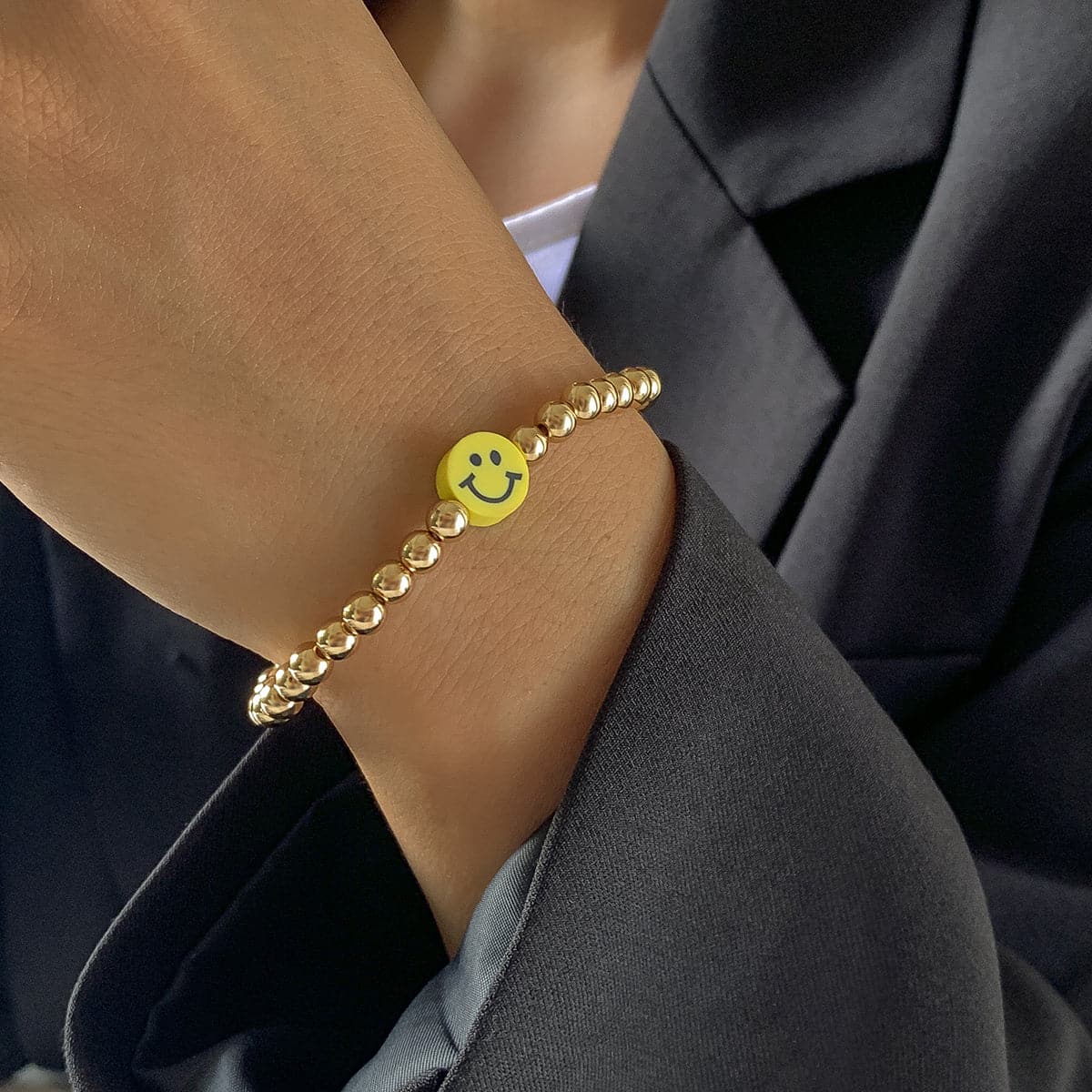 Acrylic and 18K Gold-Plated Smiley Charm Stretch Bracelet, gold bracelet for women, vintage-inspired design, front view