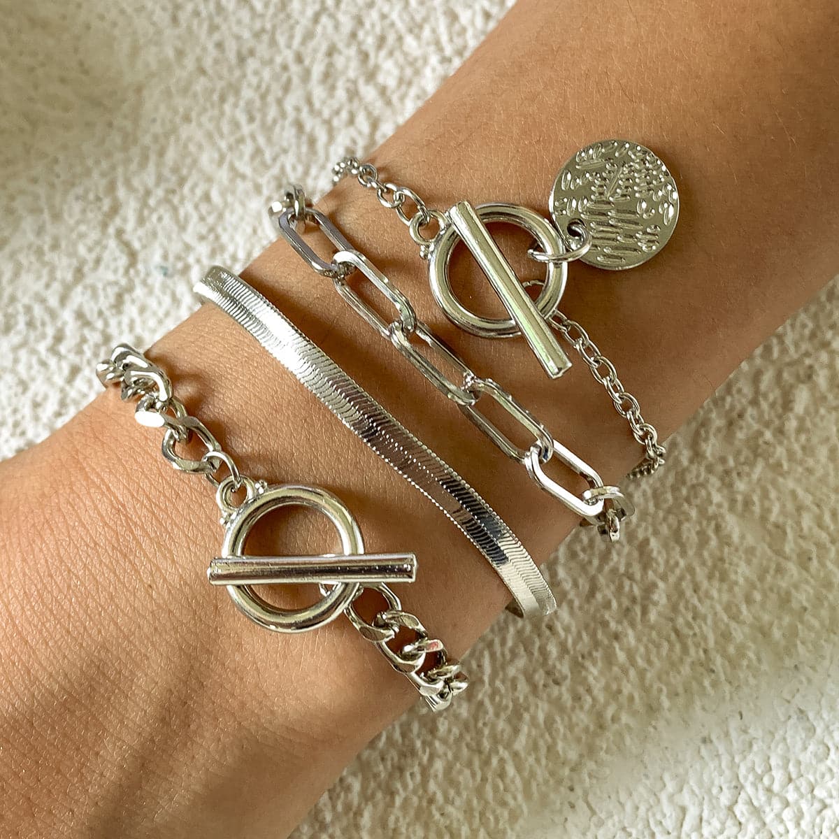 Silver-Plated Chain Toggle Bracelet Set, jewelry gift sets for women, vintage-inspired design, front view