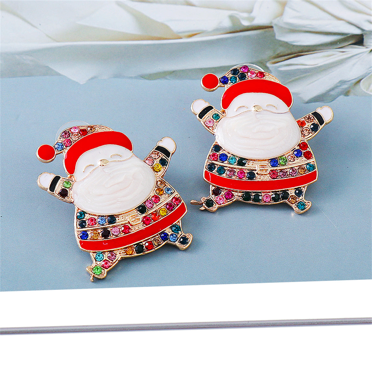 Multicolor Cubic Zirconia & Enamel 18K Gold-Plated Santa Stud Earrings