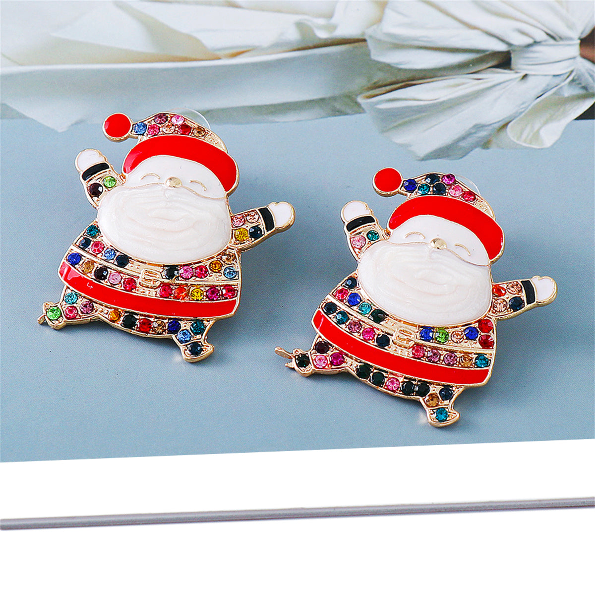 Multicolor Cubic Zirconia & Enamel 18K Gold-Plated Santa Stud Earrings