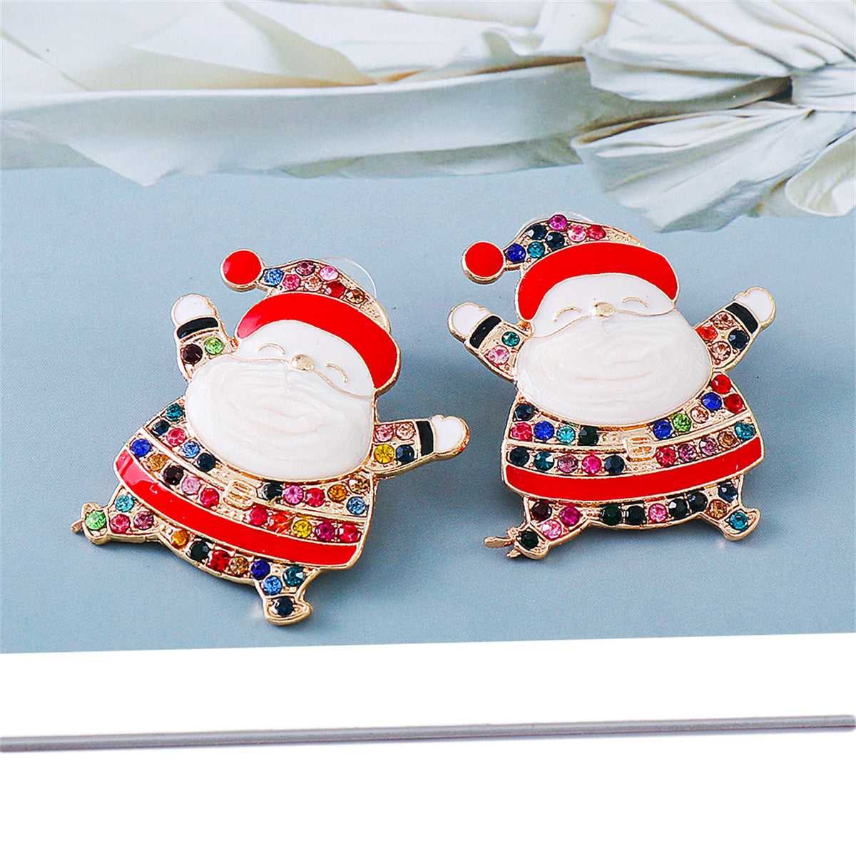 Multicolor Cubic Zirconia & Enamel 18K Gold-Plated Santa Stud Earrings