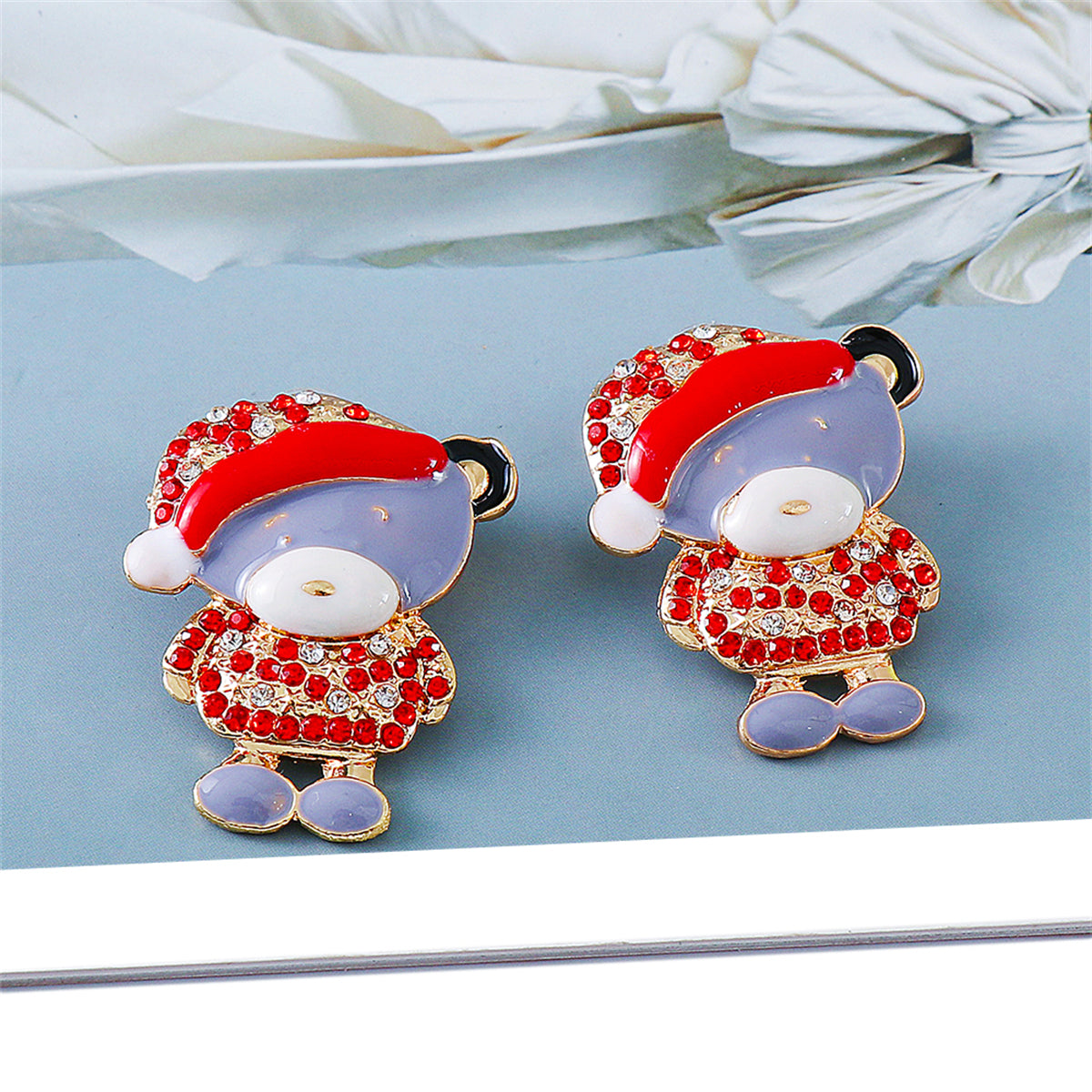 Cubic Zirconia & Enamel 18K Gold-Plated Santa Hat Bear Stud Earrings