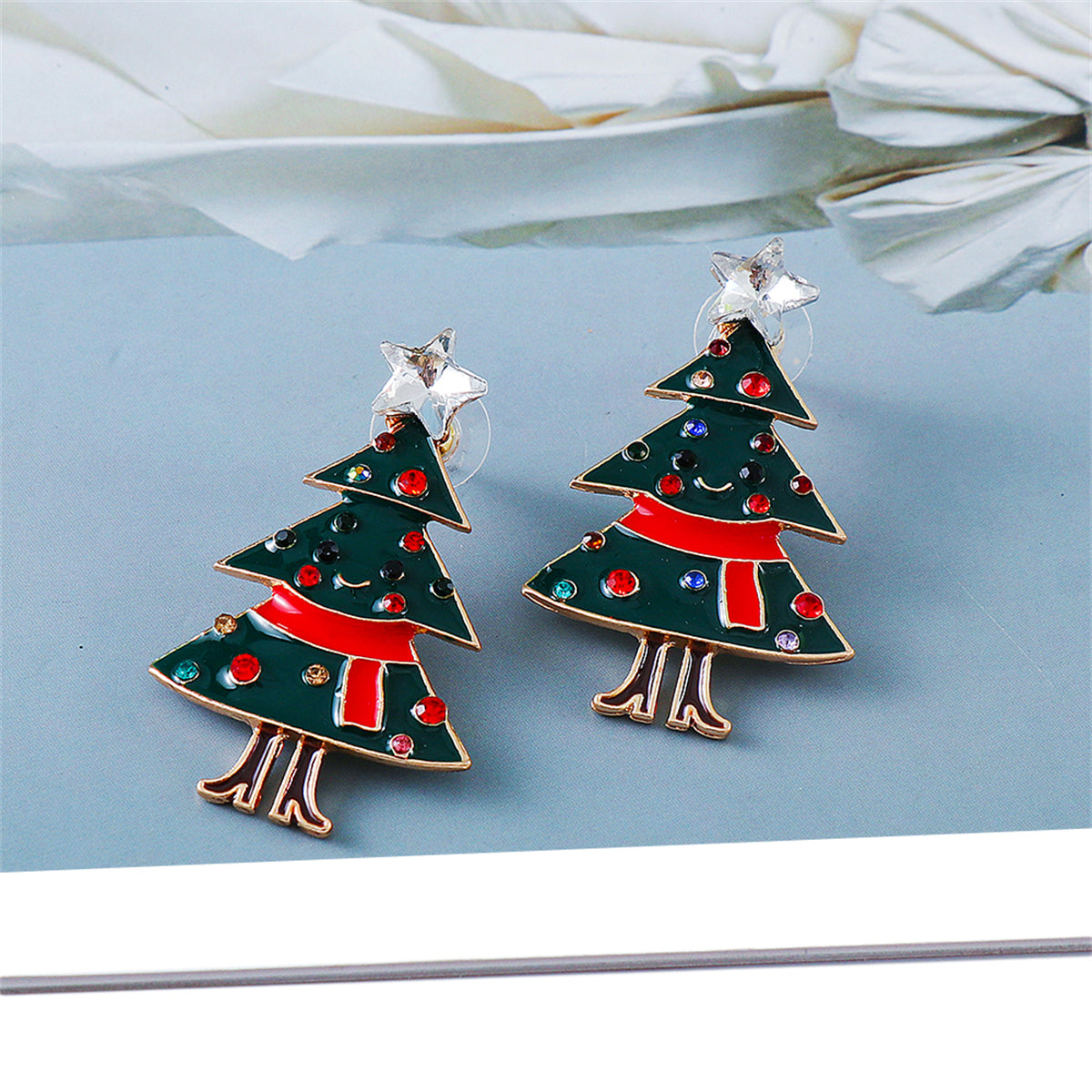 Crystal & Cubic Zirconia Enamel 18K Gold-Plated Scarf Tree Stud Earrings
