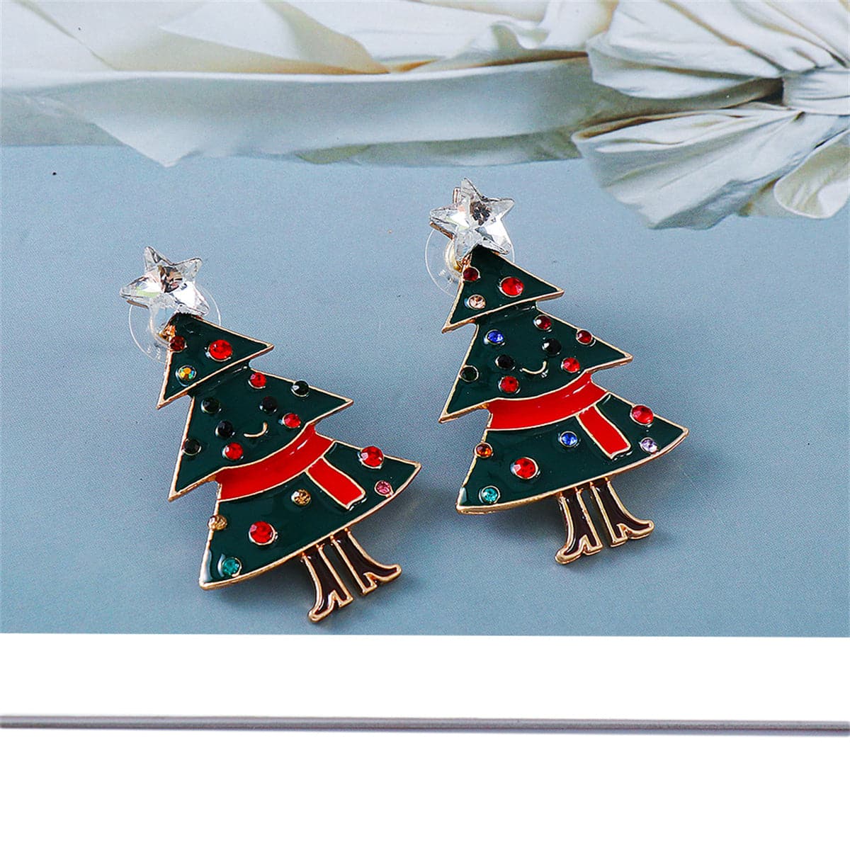 Crystal & Cubic Zirconia Enamel 18K Gold-Plated Scarf Tree Stud Earrings