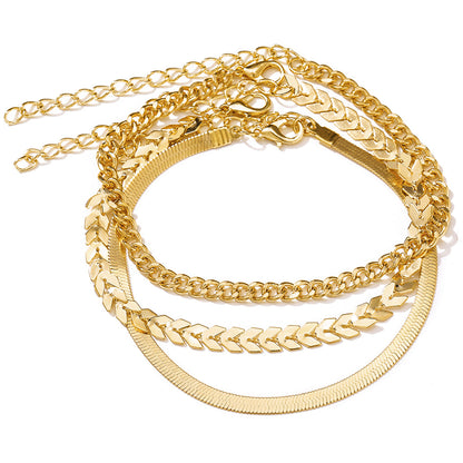 18K Gold-Plated Chain Trio Anklet Set, jewelry gift sets for women, vintage-inspired design, detail close-up