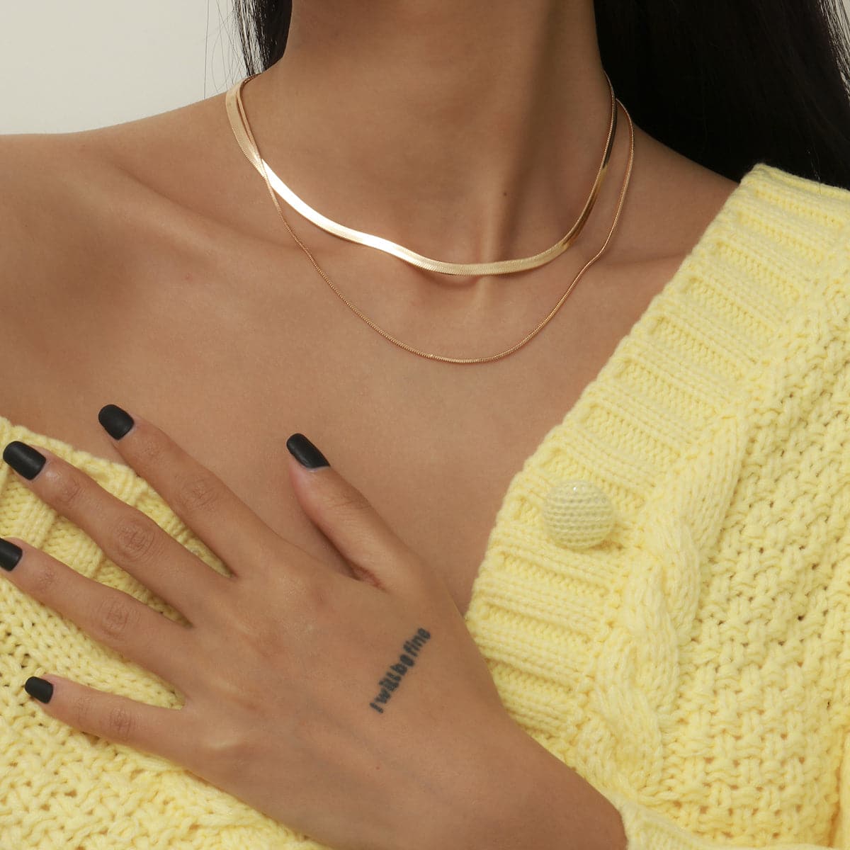 18K Gold-Plated Herringbone Double Layered Choker Necklace, gold pendant necklace for women, front view