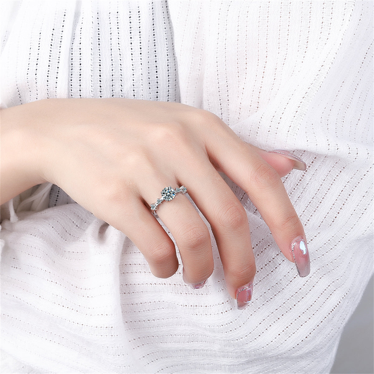 Cubic Zirconia and Silver-Plated Five-Stone Adjustable Cocktail Ring, silver statement rings for women, styled look