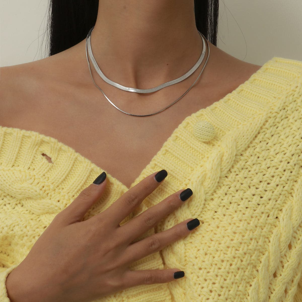 Silver-Plated Herringbone Chain Double Layered Choker Necklace, silver pendant necklace for women, side view