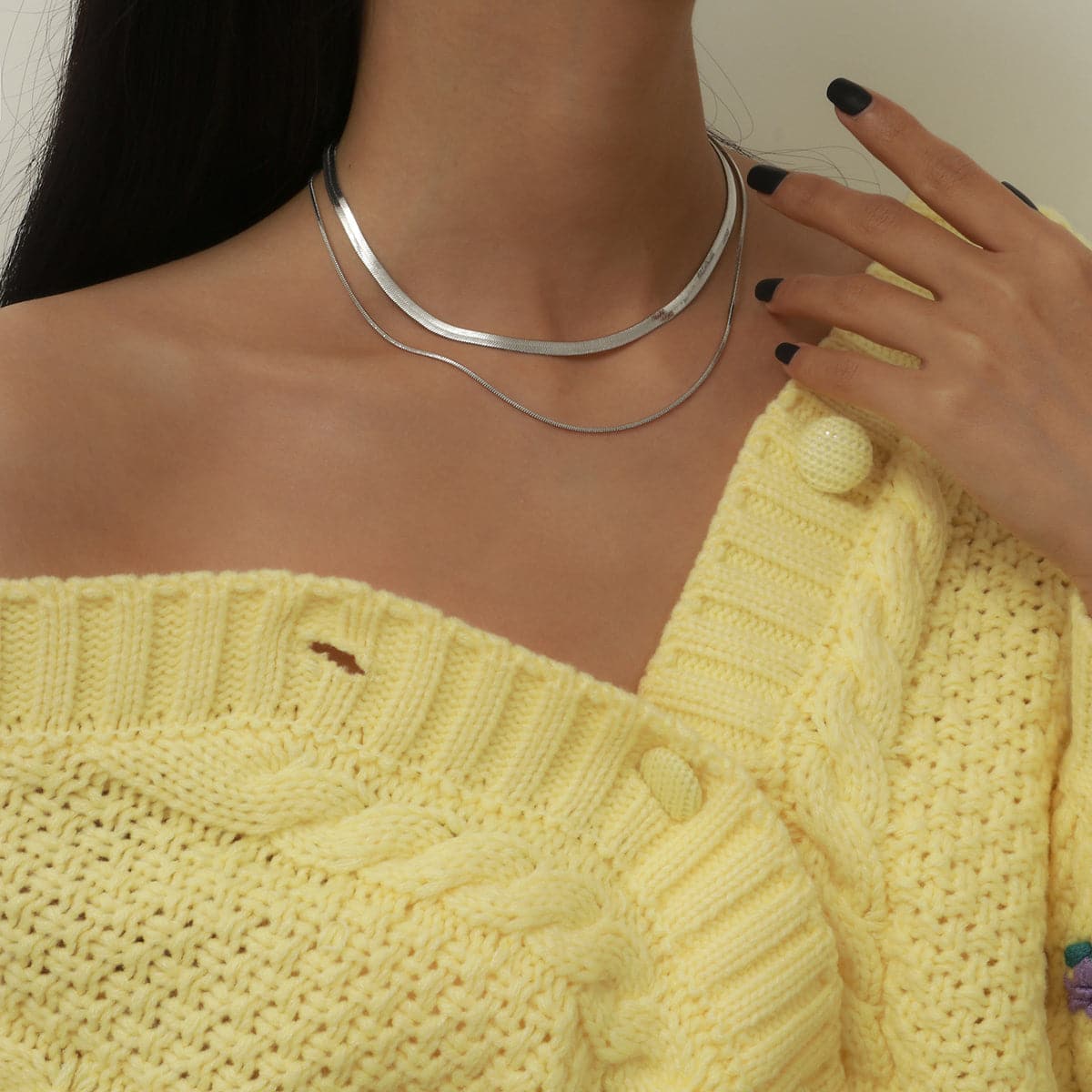 Silver-Plated Herringbone Chain Double Layered Choker Necklace