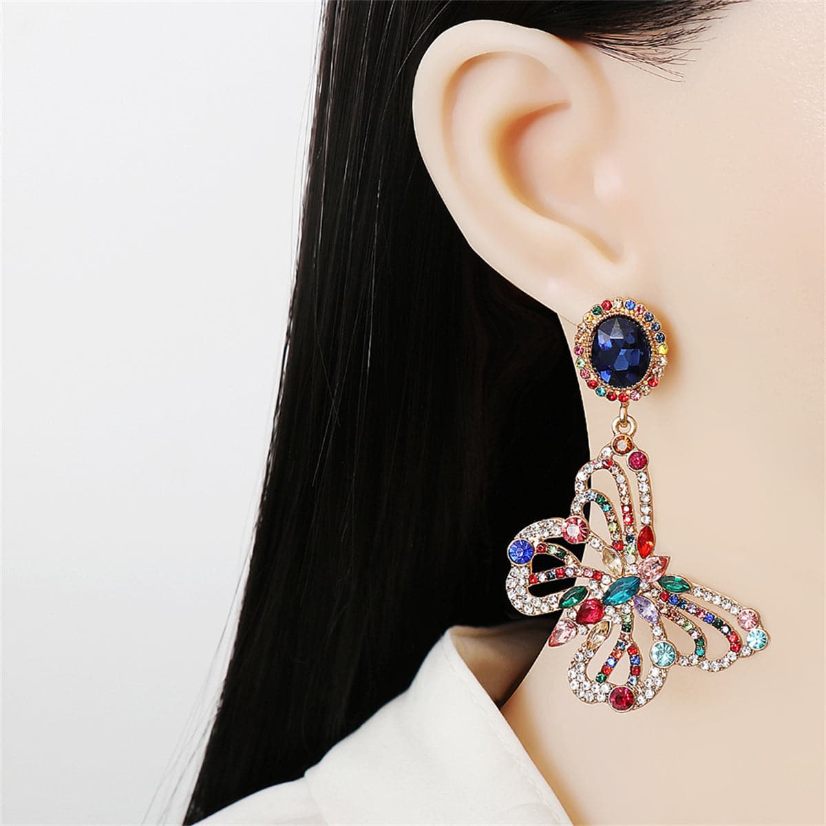 Blue Crystal & Cubic Zirconia 18K Gold-Plated Butterfly Drop Earrings