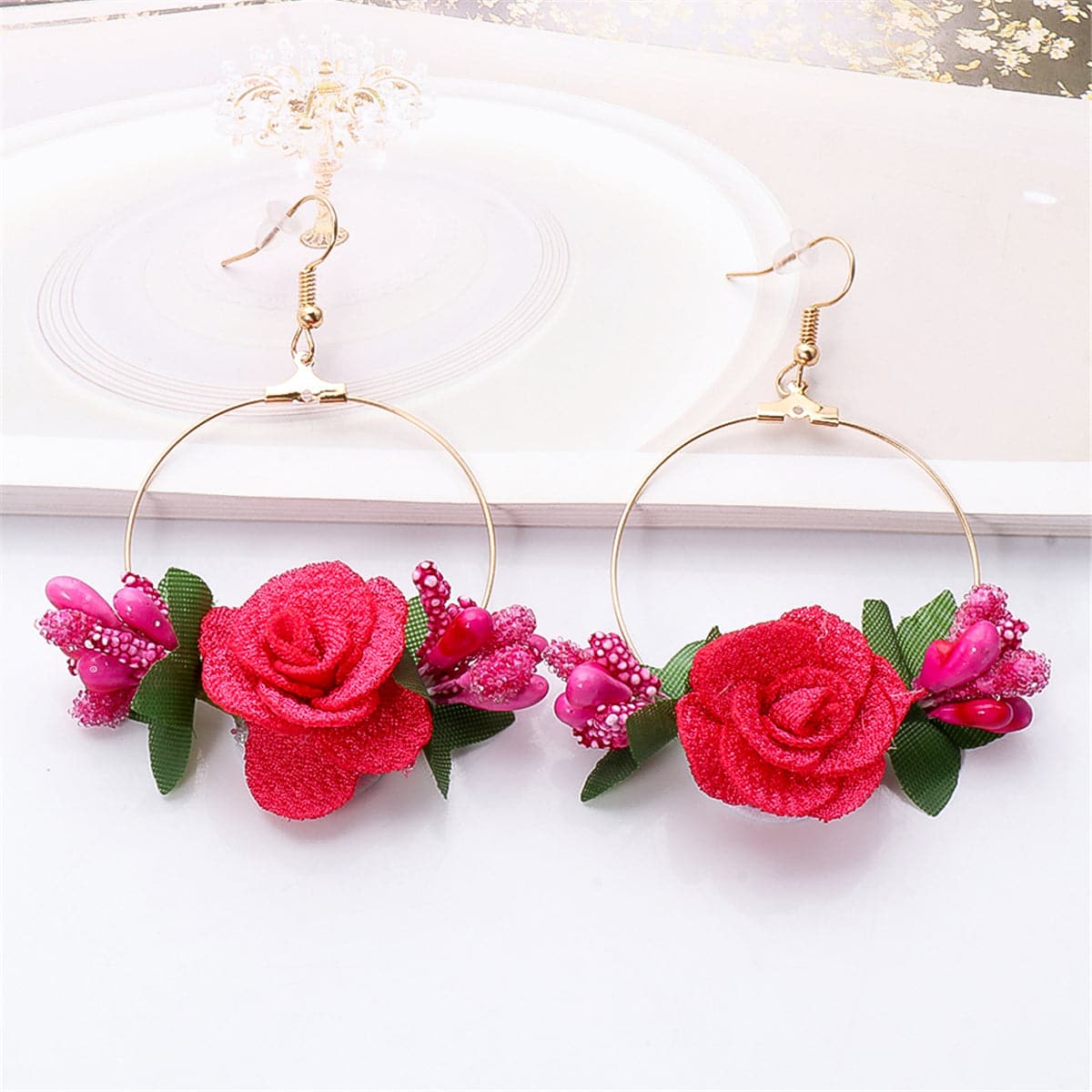Red Lace & 18K Gold-Plated Rose Drop Earrings