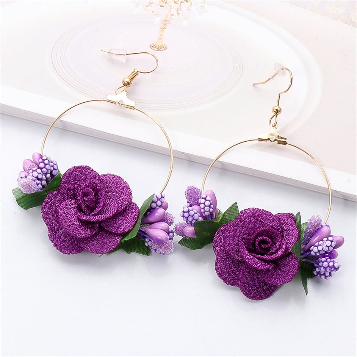Purple Lace & Resin 18K Gold-Plated Rose Drop Earrings