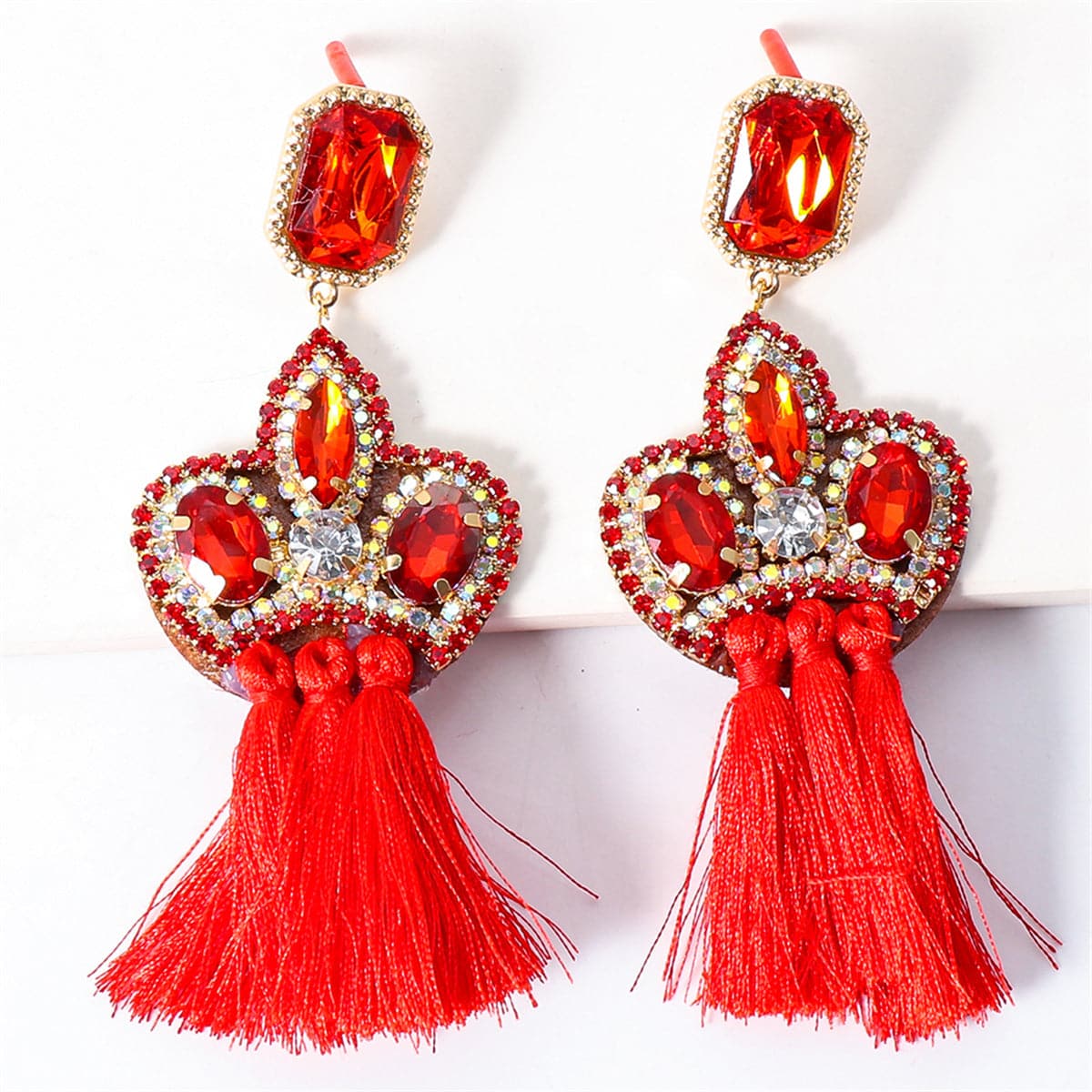 Cubic Zirconia & Red Crystal Pavé Tassel Crown Drop Earrings