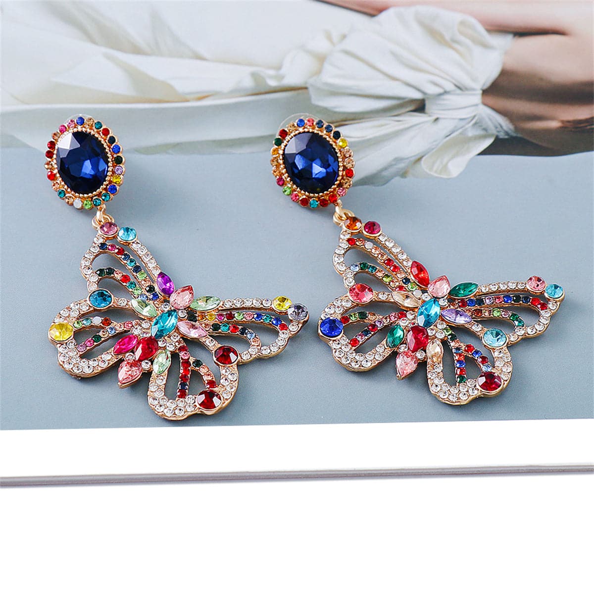 Blue Crystal & Cubic Zirconia 18K Gold-Plated Butterfly Drop Earrings