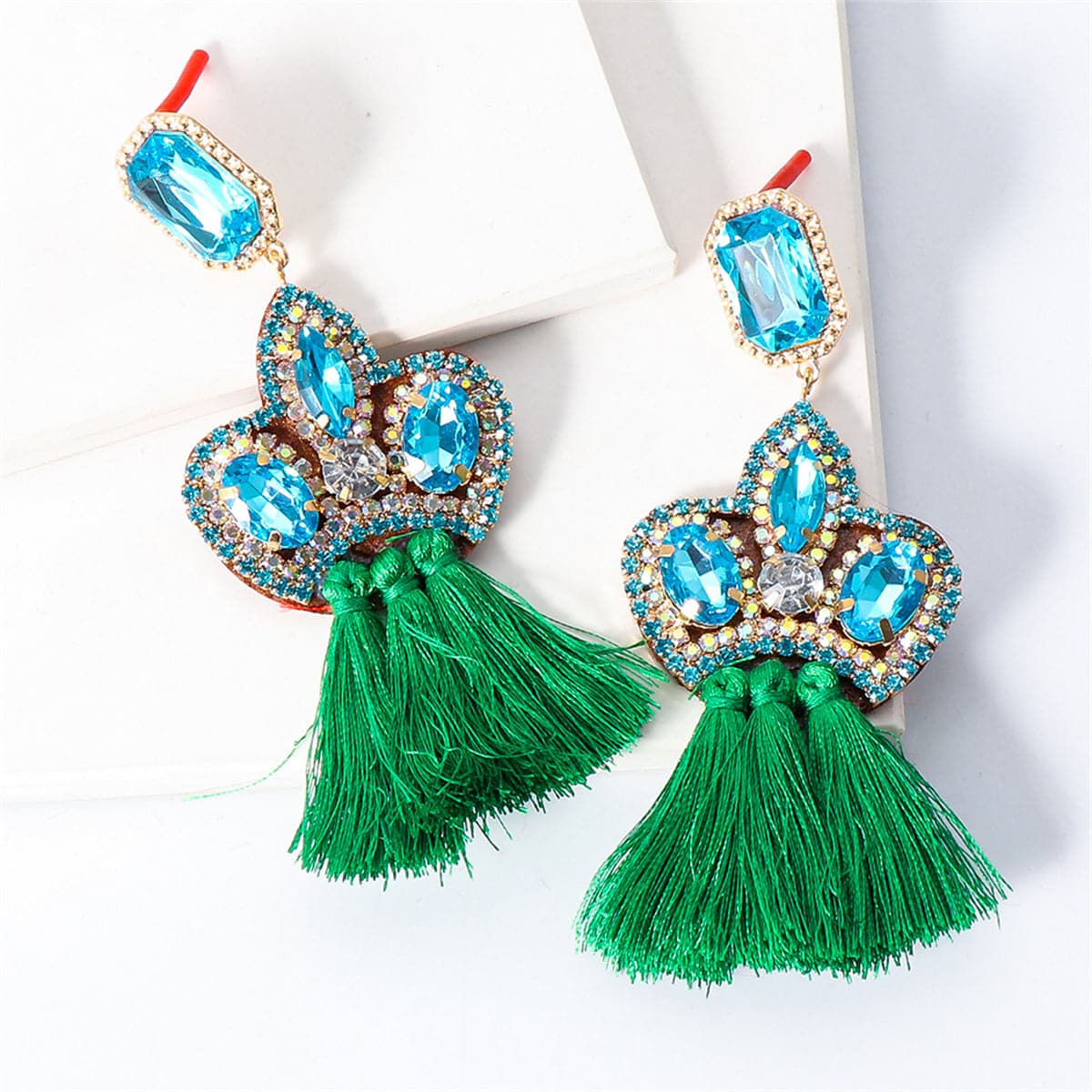 Green Crystal & Cubic Zirconia Tassel Drop Earrings