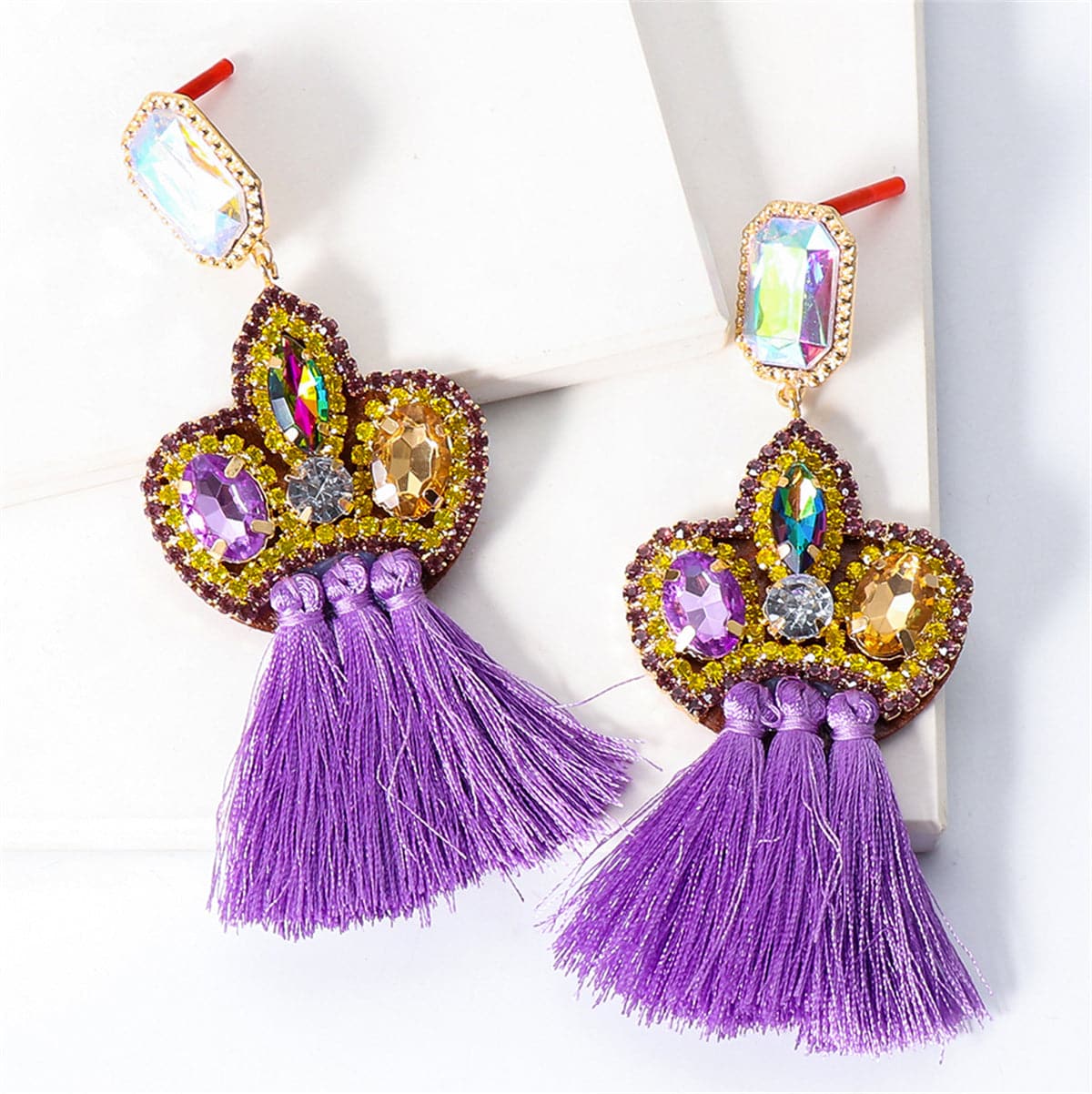 Purple Crystal & Cubic Zirconia Tassel Drop Earrings