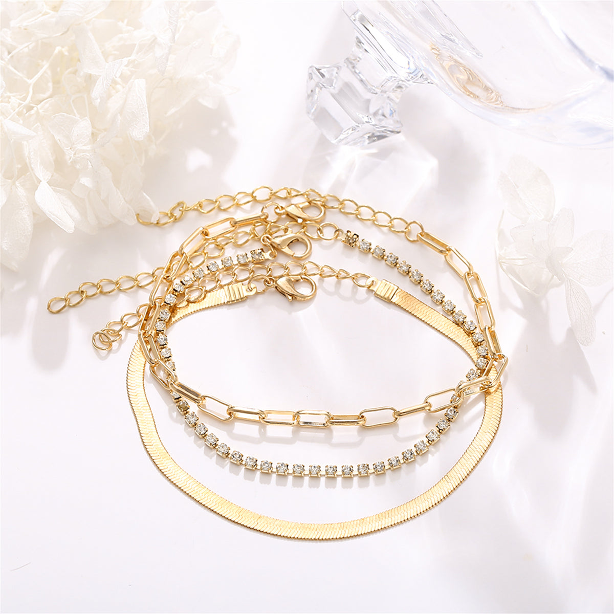 Cubic Zirconia & 18K Gold-Plated Chain Trio Anklet Set