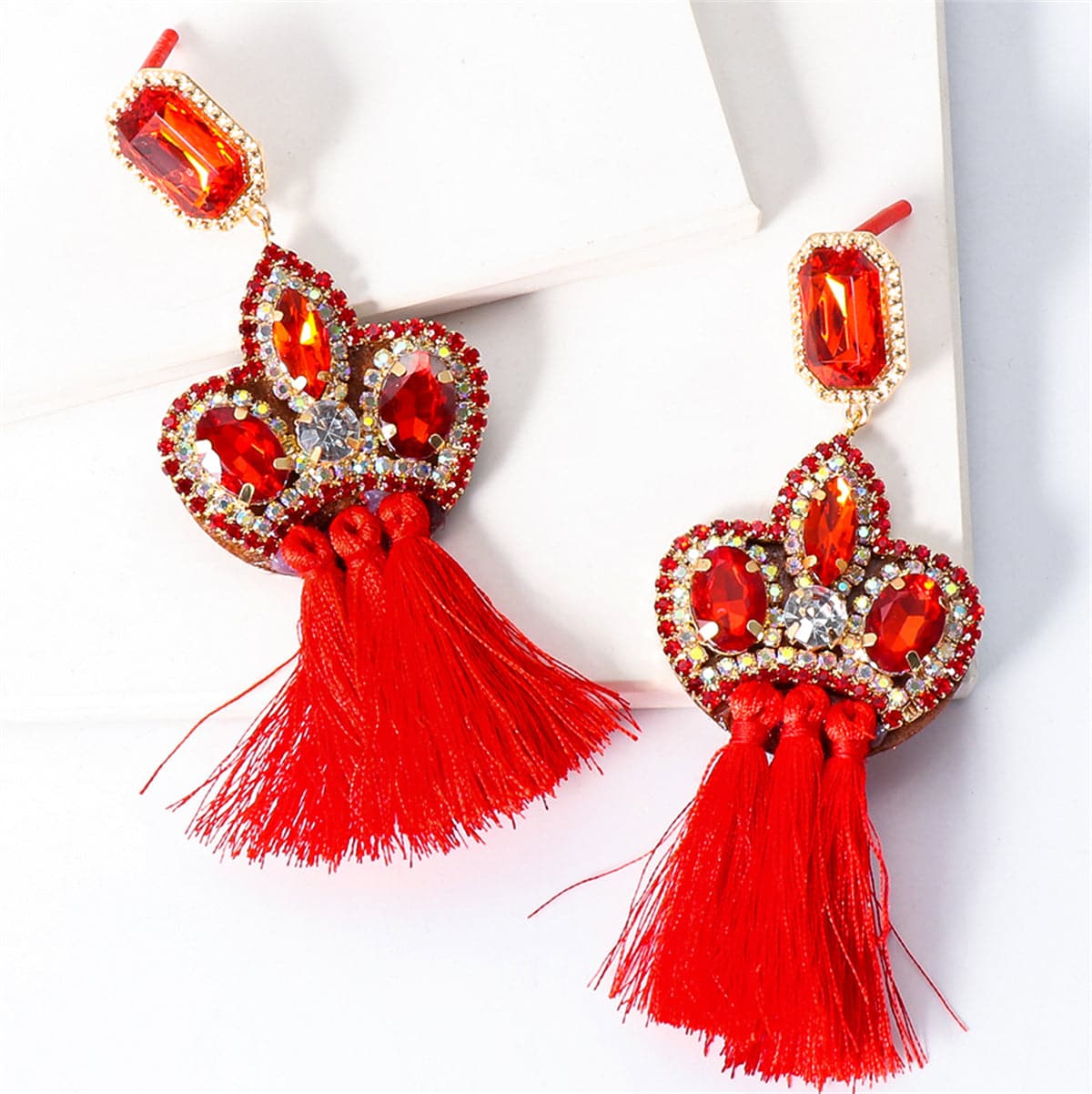Cubic Zirconia & Red Crystal Pavé Tassel Crown Drop Earrings