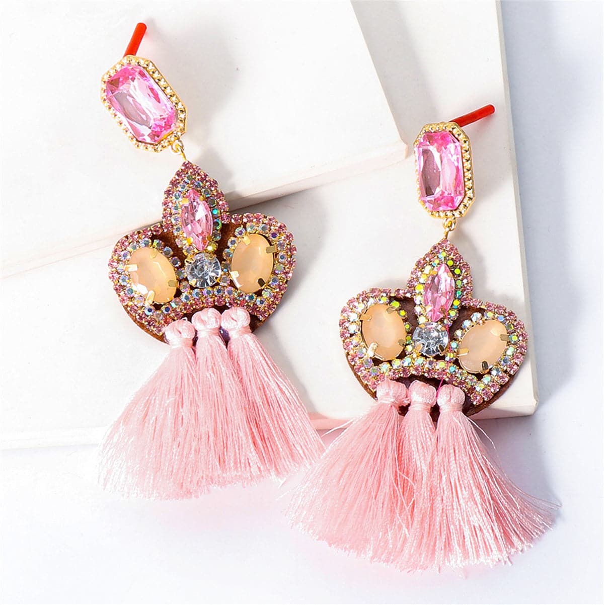 Pink Crystal & Cubic Zirconia Radiant-Cut Tassel Drop Earrings
