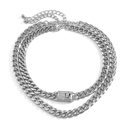 Cubic Zirconia and Silver-Plated Figaro Lock Chain Necklace Set, jewelry gift sets for women, front view