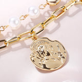 Imitation Pearl & Goldtone Coin Layered Pendant Necklace