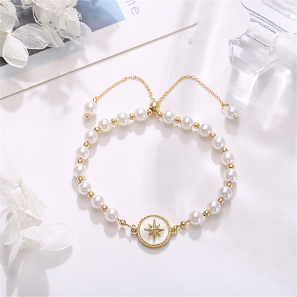 Pearl and Shell 18K Gold-Plated Star Charm Adjustable Bracelet, gold bracelet for women, elegant gift for her, side view