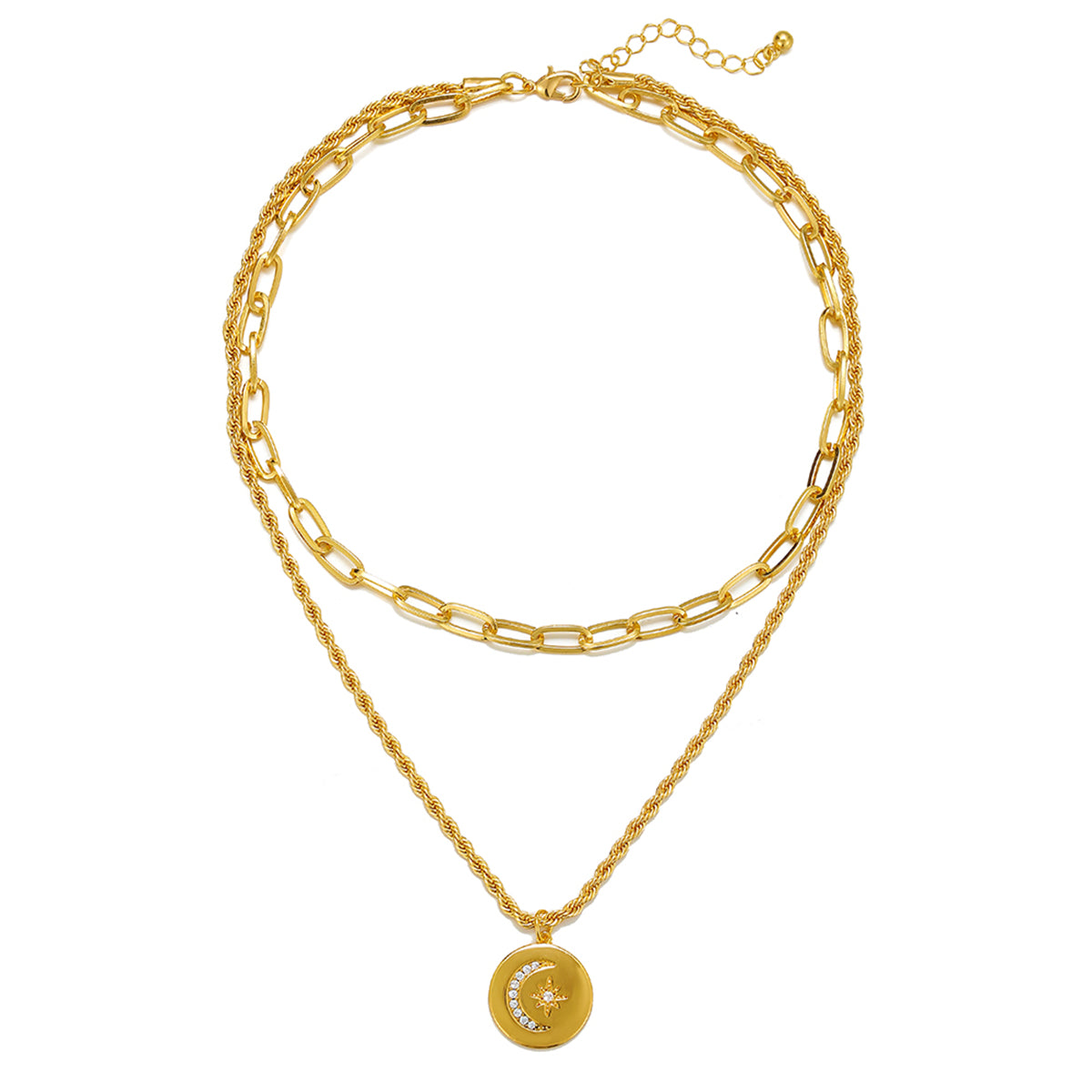 Cubic Zirconia and 18K Gold-Plated Celestial Coin Pendant Layered Necklace, gold pendant necklace for women, detail close-up