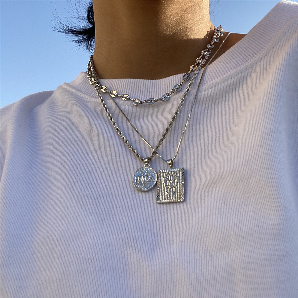 Silver-Plated Coin and Butterfly Layered Pendant Necklace, jewelry gift sets for women, botanical inspired, front view