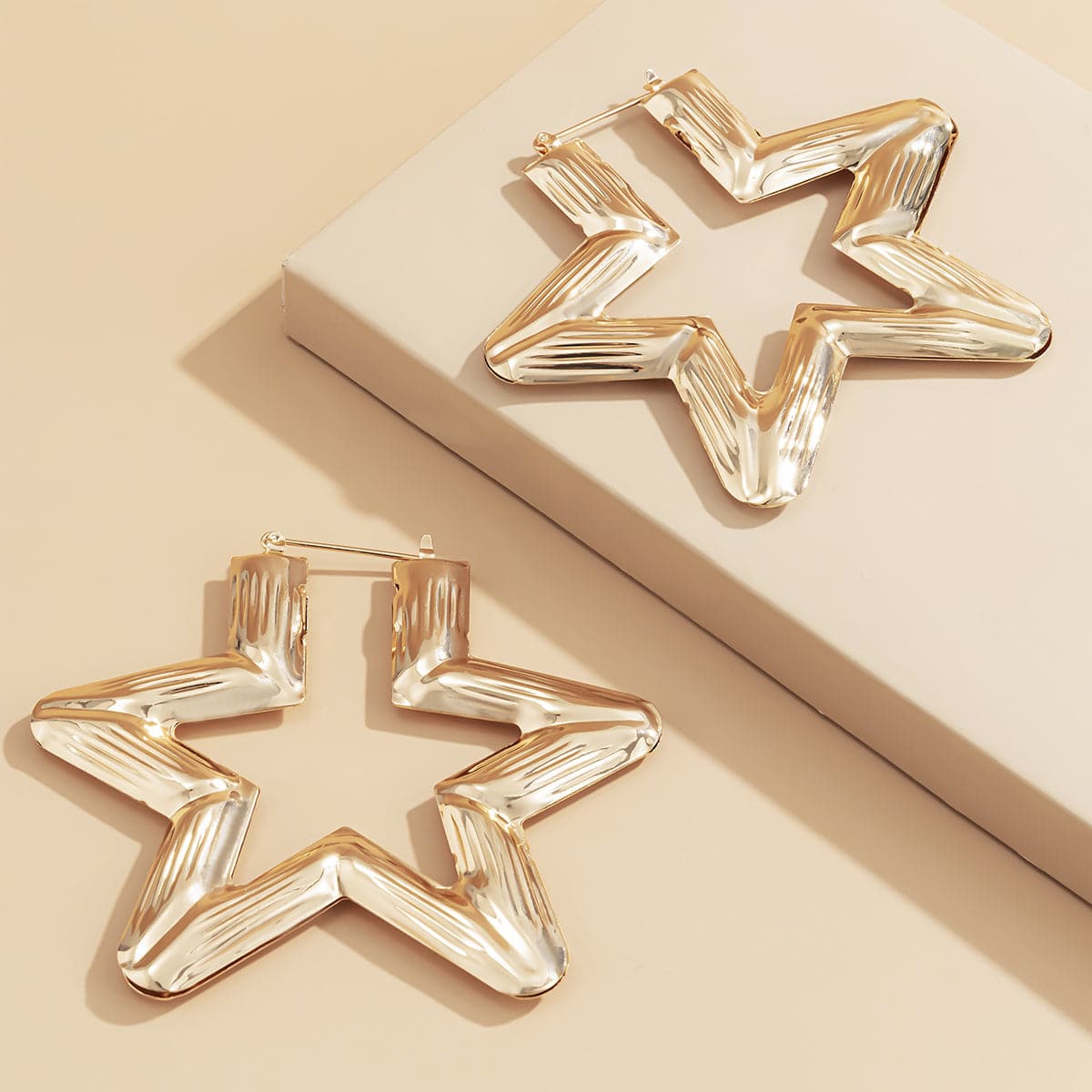 18K Gold-Plated Star Hoop Earrings, dainty minimalist design, detail close-up