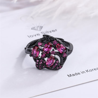 Violet Crystal and Violet Cubic Zirconia Cluster Adjustable Ring, statement rings for women, botanical inspired, side view