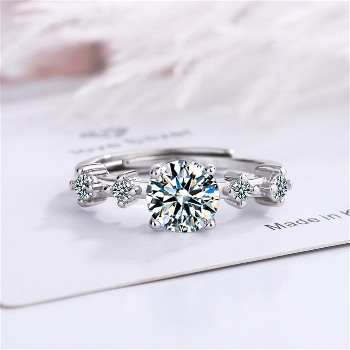 Cubic Zirconia and Silver-Plated Five-Stone Adjustable Cocktail Ring, silver statement rings for women, front view
