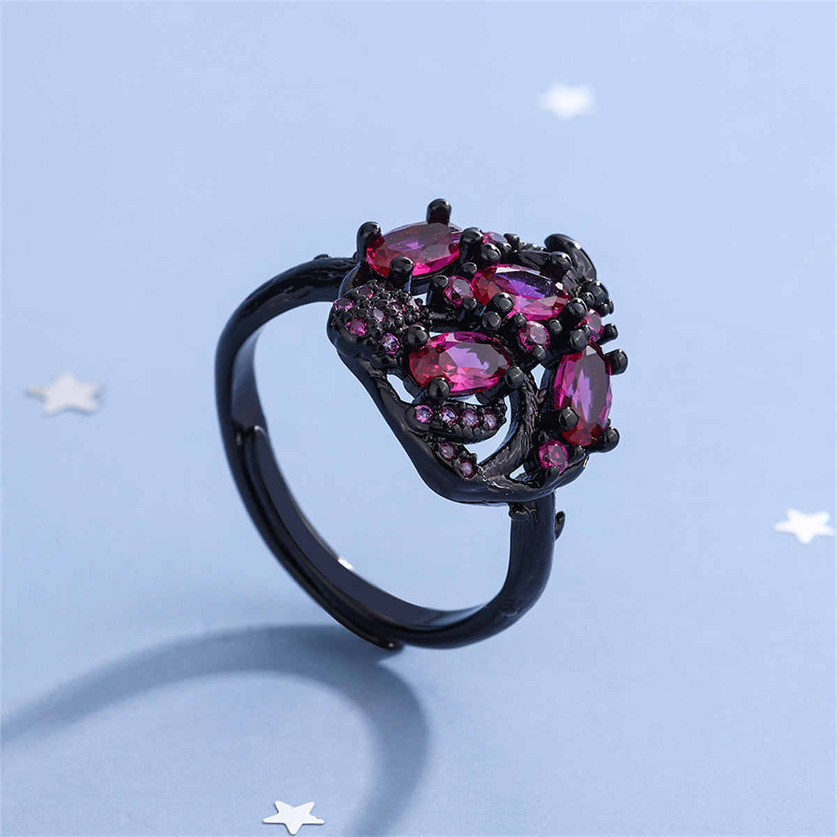 Violet Crystal and Violet Cubic Zirconia Cluster Adjustable Ring, statement rings for women, detail close-up