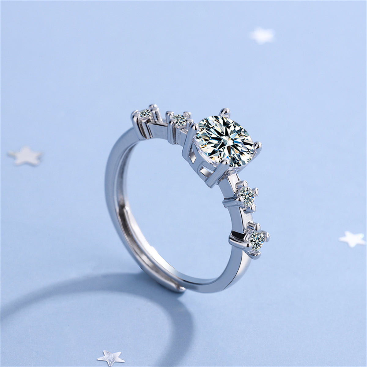 Cubic Zirconia and Silver-Plated Five-Stone Adjustable Cocktail Ring, silver statement rings for women, detail close-up